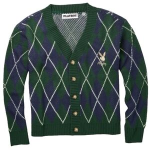 Playboy by PacSun Argyle Cardigan Large Bunny Logo Button Preppy Y2K Sweater